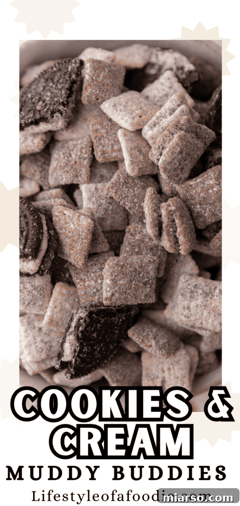 A festive image of Cookies and Cream Muddy Buddies, perfect for a holiday Pinterest pin.