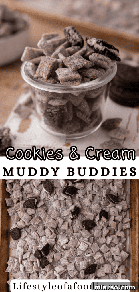 An inviting image of Cookies and Cream Muddy Buddies, emphasizing their deliciousness for pinning.