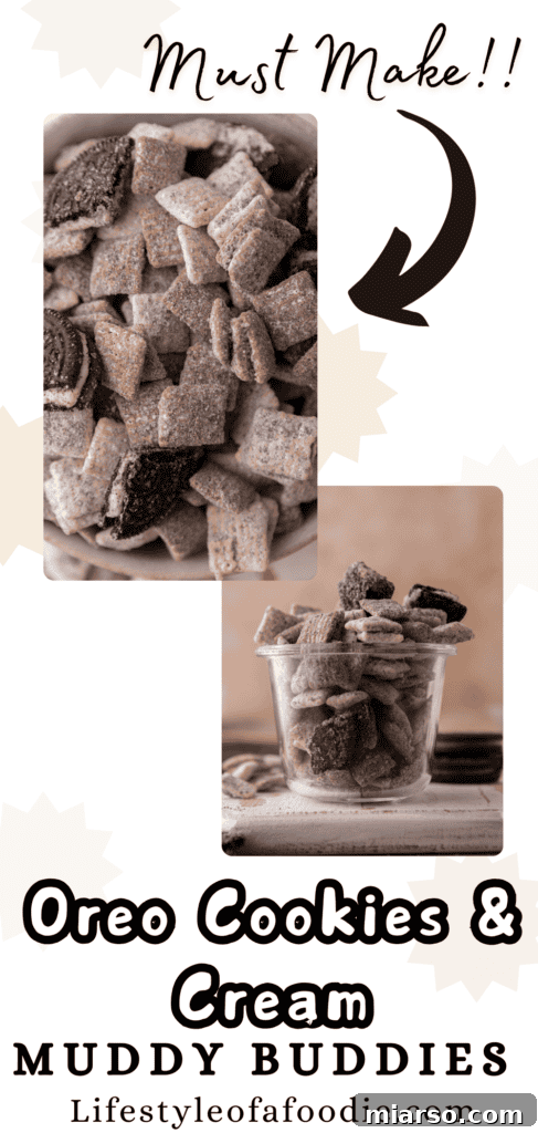 A vibrant close-up of Cookies and Cream Muddy Buddies, ideal for sharing and pinning.