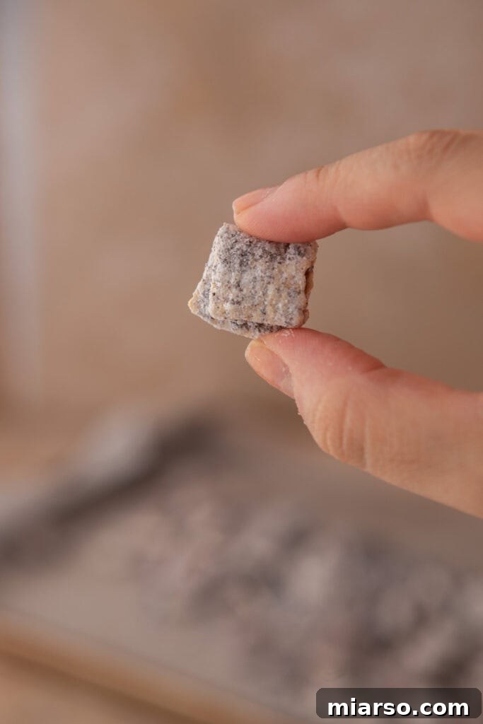 A hand holding a handful of Cookies and Cream Muddy Buddies, showing the mixed textures.