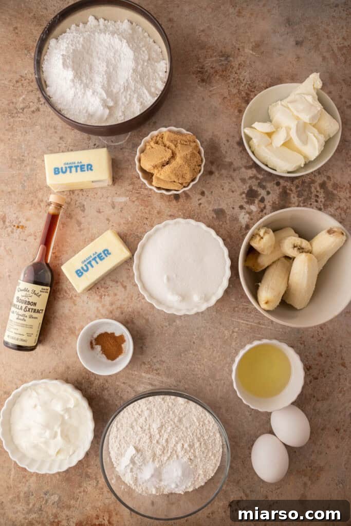 Simply Irresistible Banana Cake 3 Essential ingredients for a homemade banana cake recipe laid out on a kitchen counter