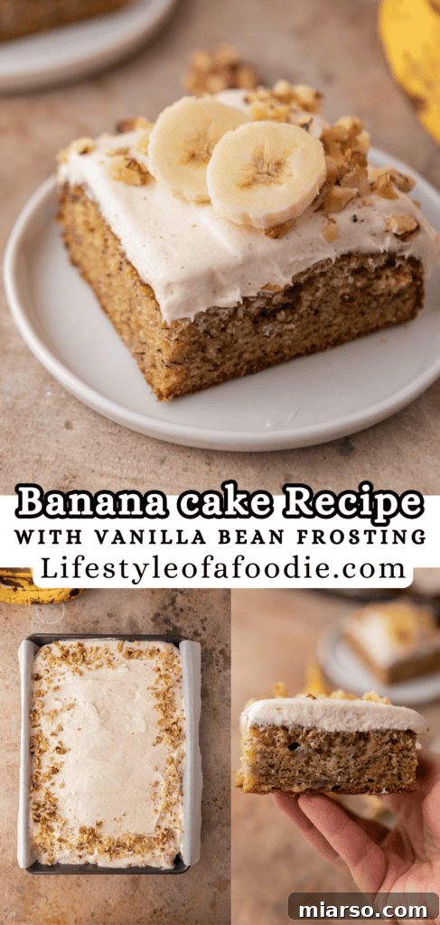 Simply Irresistible Banana Cake 21 Overhead view of a frosted banana cake in a pan