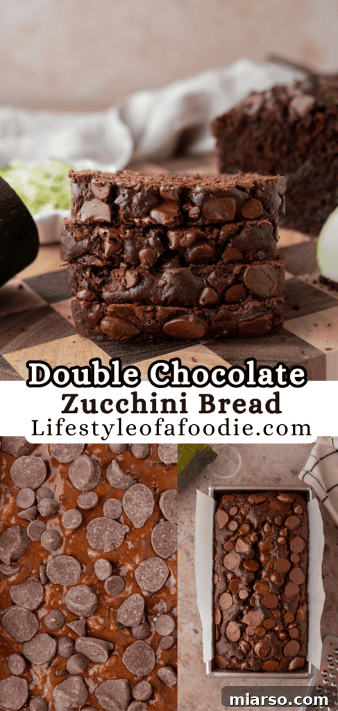 Decadent Double Chocolate Zucchini Loaf 16 Pinterest pin featuring a delicious close-up of Double Chocolate Zucchini Bread, perfect for sharing