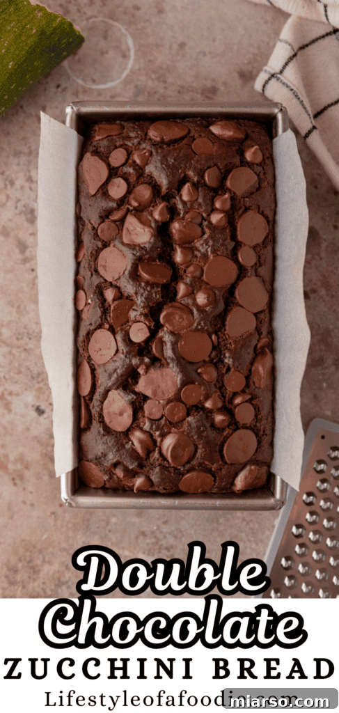Decadent Double Chocolate Zucchini Loaf 17 Another Pinterest pin image of Double Chocolate Zucchini Bread, highlighting its moist interior with melted chocolate