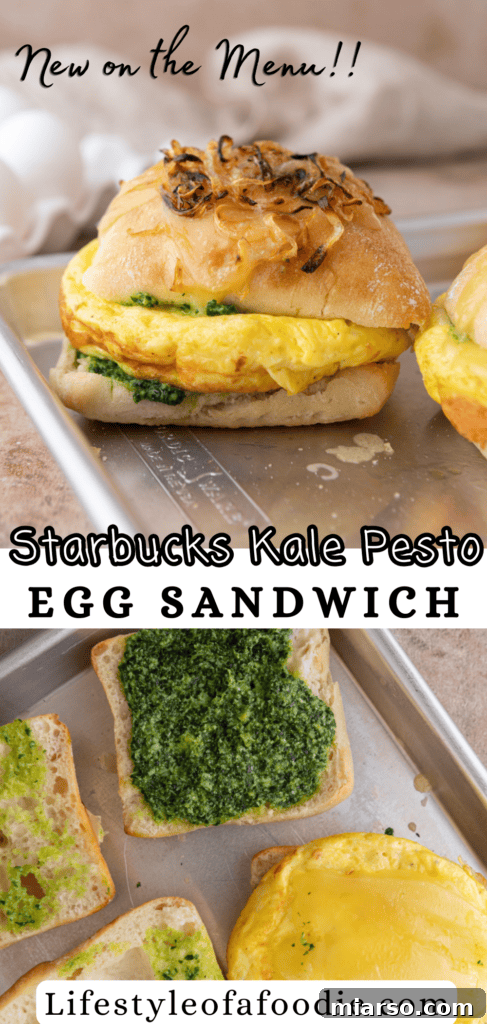 Another Pinterest pin graphic for the Starbucks Egg Kale Pesto Mozzarella Sandwich copycat recipe, emphasizing its homemade goodness.