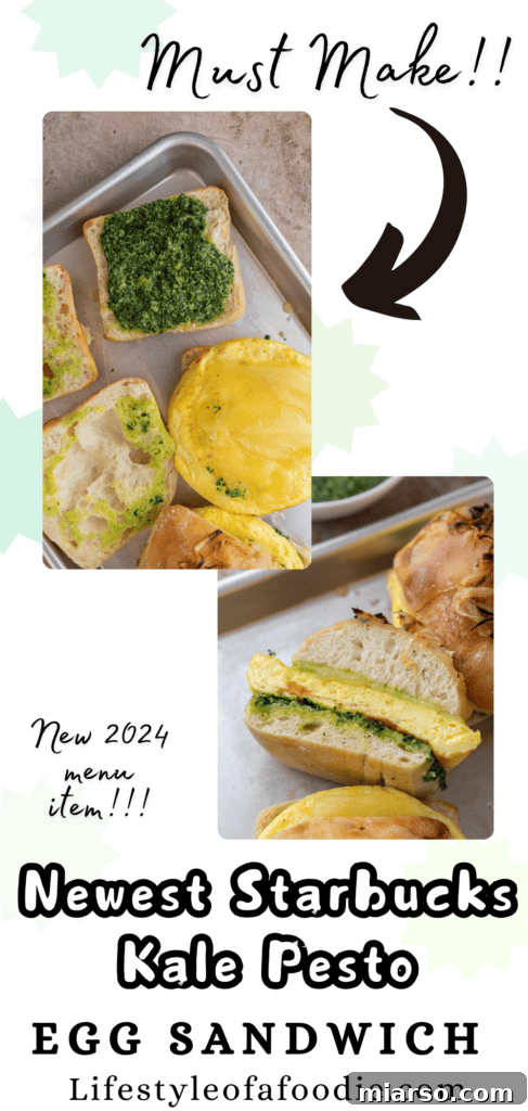 A third Pinterest pin for the Starbucks Egg Kale Pesto Mozzarella Sandwich copycat recipe, encouraging readers to try this savory breakfast.