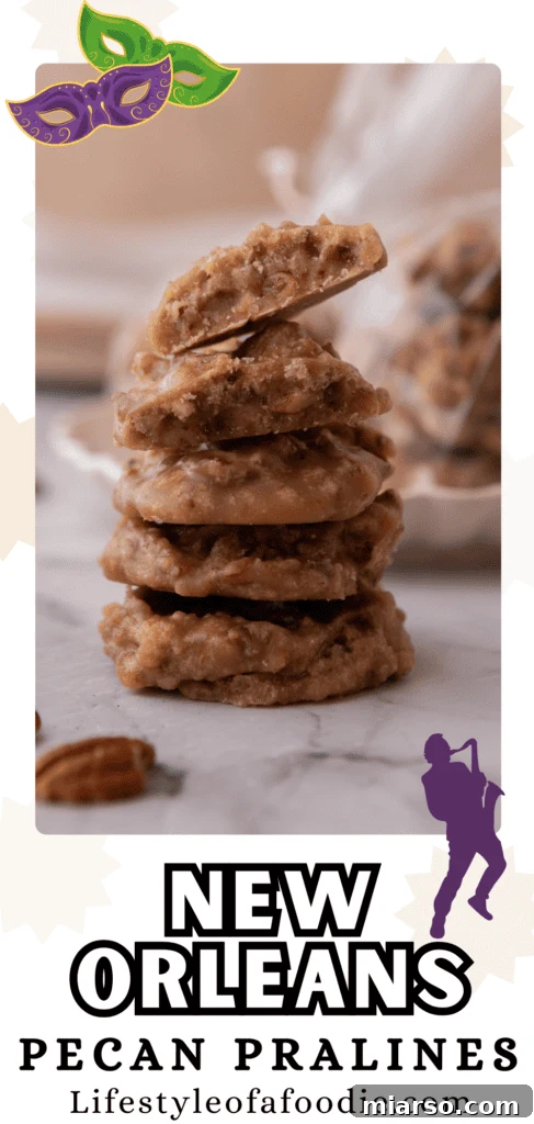 Pinterest pin graphic for the Southern Pecan Pralines Recipe, a visual reminder to save this delicious treat.