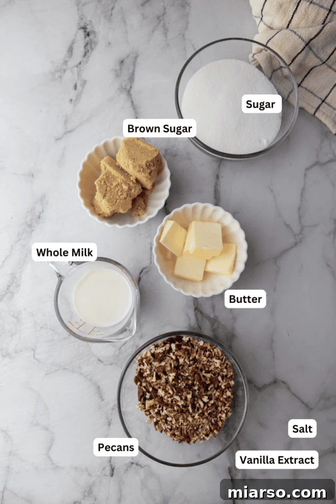 Close-up of fresh ingredients for authentic New Orleans pralines: granulated sugar, brown sugar, milk, butter, pecans, vanilla, and salt on a rustic surface.