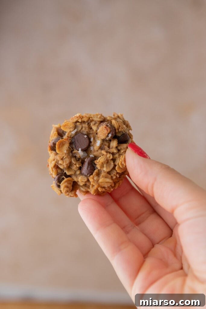 Wholesome Banana Oat Cookies 11 Healthy Oatmeal Banana Cookies being held up by a hand, showing the soft interior