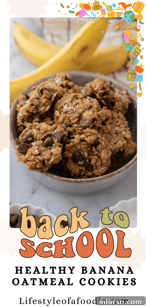 Wholesome Banana Oat Cookies 17 Pinterest pin image for Healthy Oatmeal Banana Cookies, vertical format