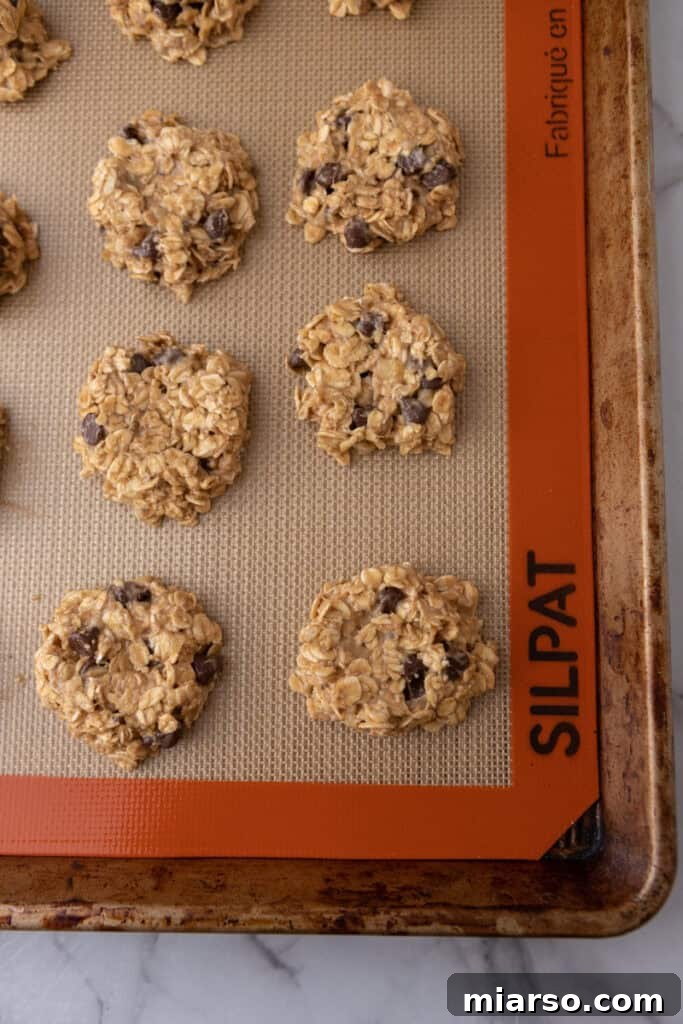 Wholesome Banana Oat Cookies 9 Flattened balls of cookie dough on a baking sheet, pre-baking