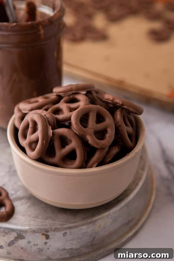 Sweet and Salty Chocolate Pretzel Delight 2 A bowl filled with homemade chocolate-covered pretzels, showcasing their perfect sweet and salty balance.