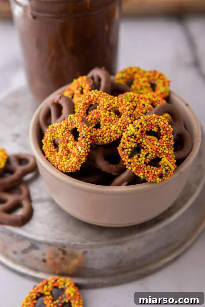 Sweet and Salty Chocolate Pretzel Delight 9 A bowl of freshly made chocolate-covered pretzels adorned with colorful sprinkles.