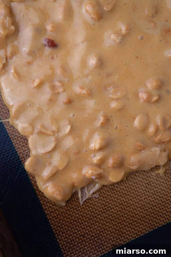 Overhead view of finished microwave peanut brittle spread on a pan, showing its texture.