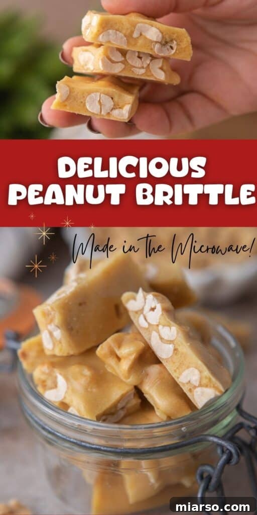 Pinterest pin showing a close-up of microwave peanut brittle, encouraging users to save the recipe.