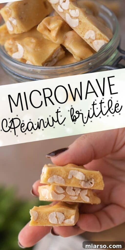 Pinterest pin featuring microwave peanut brittle in a rustic presentation, emphasizing its homemade appeal.