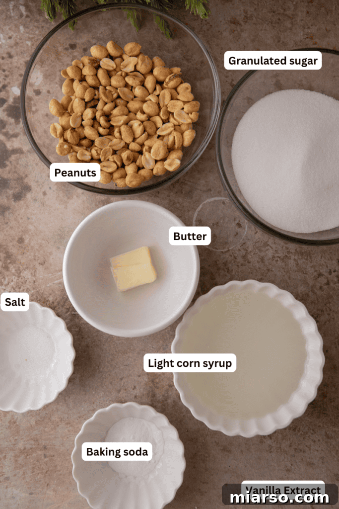 All the simple ingredients for microwave peanut brittle laid out on a table.