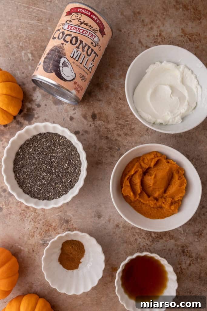 Creamy Pumpkin Spice Chia Seed Pudding 3 A beautiful array of fresh ingredients for Pumpkin Pie Spice Chia Seed Pudding, including a can of pumpkin, coconut milk, chia seeds, and spices, neatly arranged for preparation.