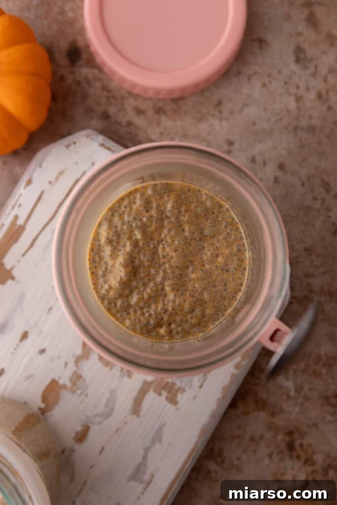 Creamy Pumpkin Spice Chia Seed Pudding 4 An overhead shot showcasing a jar filled with creamy Pumpkin Pie Chia Seed Pudding, garnished with a sprinkle of cinnamon and a few pumpkin seeds, ready to be enjoyed.