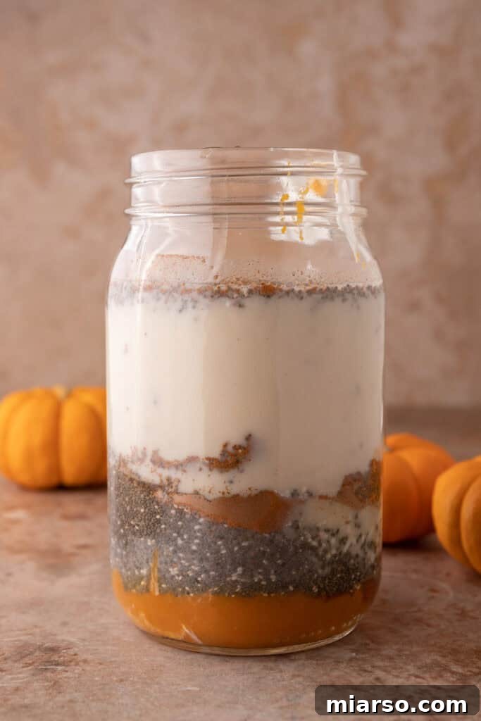 Creamy Pumpkin Spice Chia Seed Pudding 5 A jar containing the unmixed ingredients for Pumpkin Pie Spice Chia Seed Pudding, showcasing the distinct layers before blending.