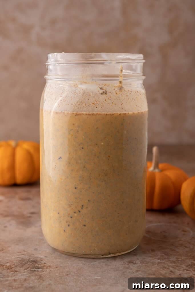 Creamy Pumpkin Spice Chia Seed Pudding 6 A jar with the mixed ingredients for Pumpkin Pie Spice Chia Seed Pudding, depicting a smooth, uniform mixture ready for chilling.