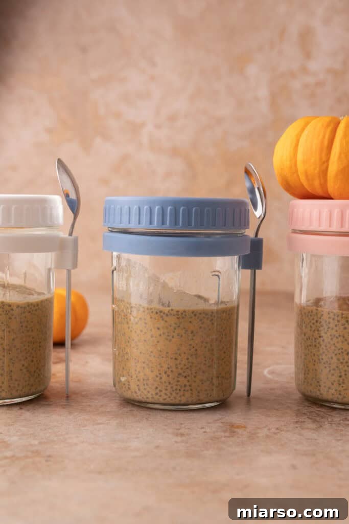 Creamy Pumpkin Spice Chia Seed Pudding 9 Multiple jars of Pumpkin Pie Chia Seed Pudding neatly arranged, showcasing the perfect consistency and the ease of preparing multiple servings for the week.