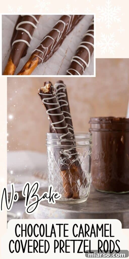 Decadent Caramel Chocolate Pretzel Rods 18 A third captivating vertical photo of Caramel Chocolate Dipped Pretzel Rods, encouraging readers to save the recipe.