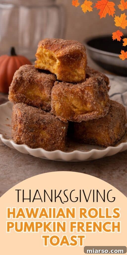 Pinterest pin showing a close-up of Hawaiian Roll Pumpkin French Toast, highlighting the soft texture and cinnamon sugar.