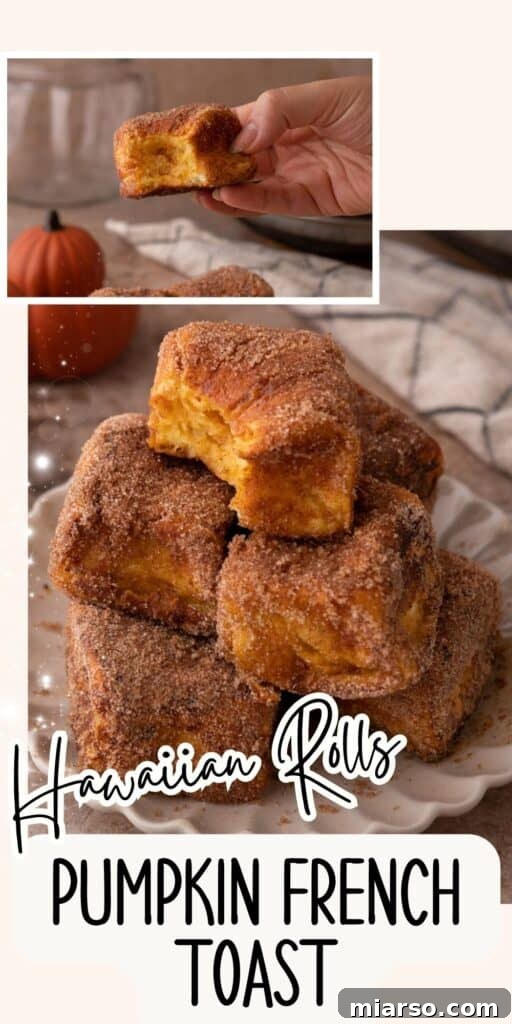 Pinterest pin featuring Hawaiian Roll Pumpkin French Toast on a plate with various toppings, ideal for autumn brunch ideas.