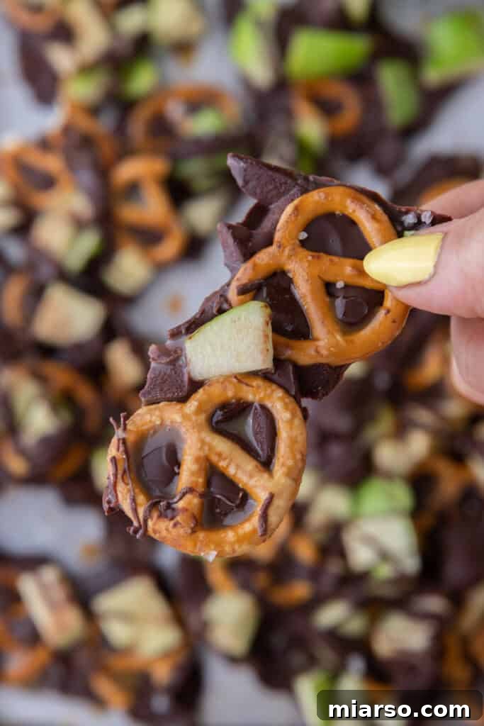 The Ultimate Caramel Apple Bark Recipe 2 caramel apple bark recipe being held up by a hand