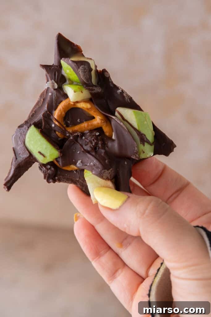The Ultimate Caramel Apple Bark Recipe 10 caramel apple bark recipe being held up by a hand
