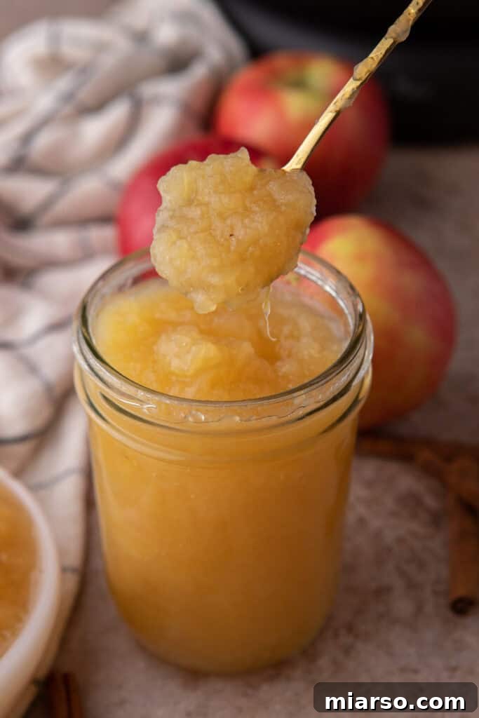 Effortless Instant Pot Applesauce Perfection 2 instant pot apple sauce in a spoon, ready to be eaten