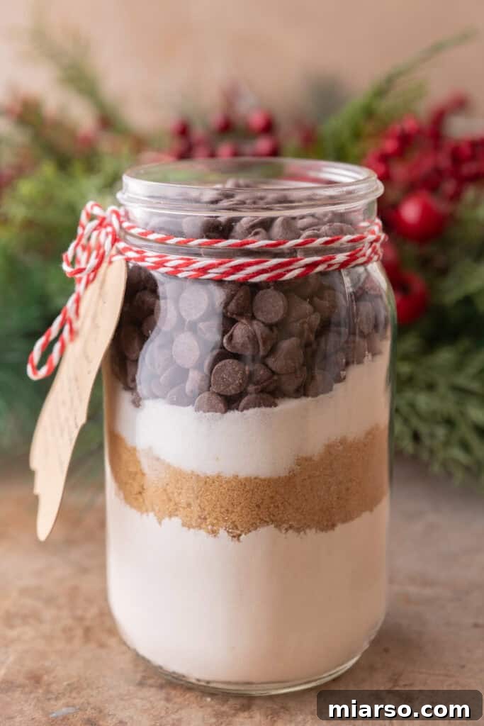 Chocolate Chip Cookie Mix in a Jar side shot, showcasing layers of dry ingredients
