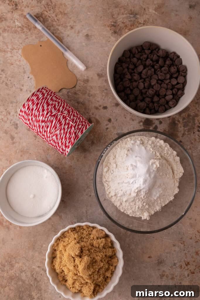 Ingredients for Chocolate Chip Cookie Mix in a Jar, laid out on a surface