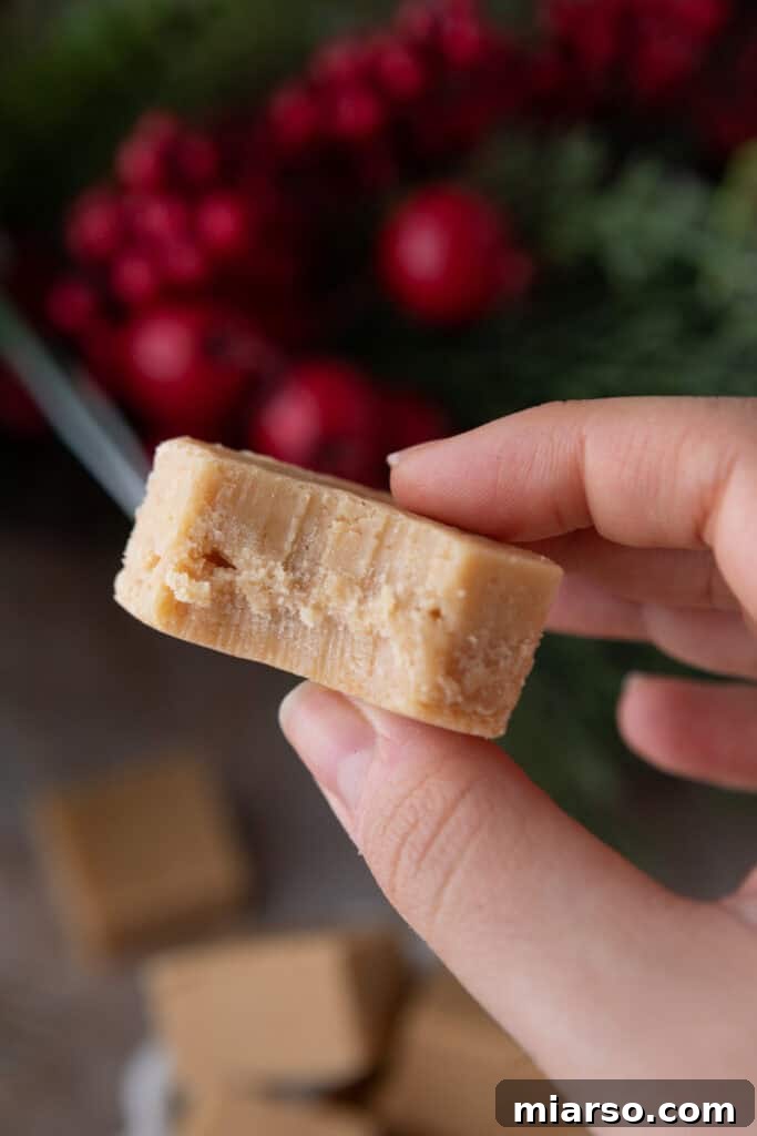 Effortless Microwave Peanut Butter Fudge 11 A hand holding up a square of microwave peanut butter fudge, showing its thick and inviting texture.