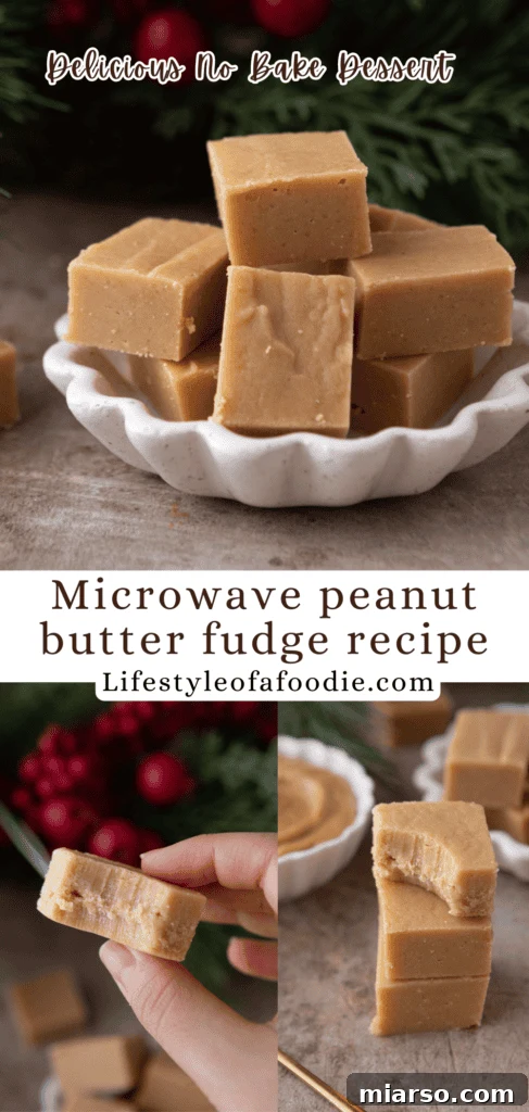 Effortless Microwave Peanut Butter Fudge 14 pinterest pin of microwave peanut butter fudge recipe with a festive holiday theme