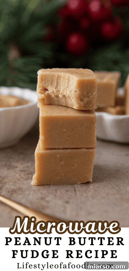 Effortless Microwave Peanut Butter Fudge 15 pinterest pin of microwave peanut butter fudge recipe on a white plate with text overlay