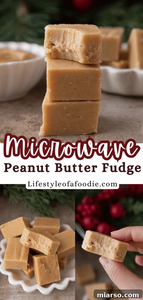 Effortless Microwave Peanut Butter Fudge 16 pinterest pin featuring a close-up of microwave peanut butter fudge squares
