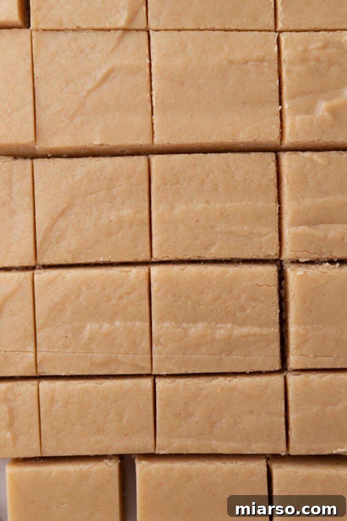 Effortless Microwave Peanut Butter Fudge 9 Set microwave peanut butter fudge in the pan, neatly cut into squares and ready to be removed.