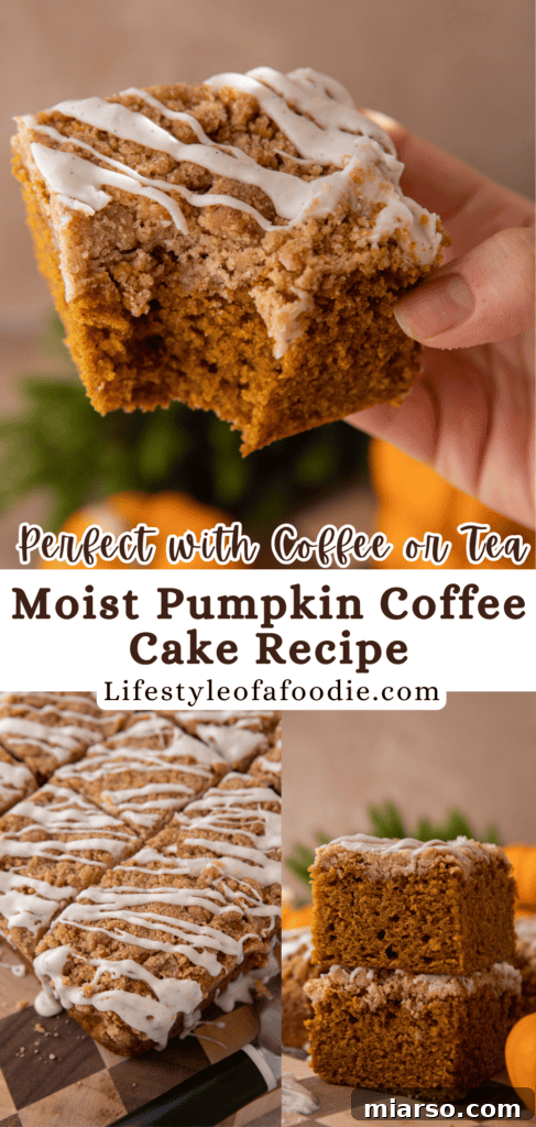 Pinterest pin showing a slice of pumpkin coffee cake with streusel and glaze, perfect for saving.