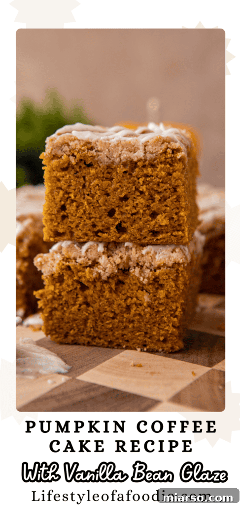 Another Pinterest pin showcasing the full pumpkin coffee cake, glistening with glaze, ideal for fall baking.
