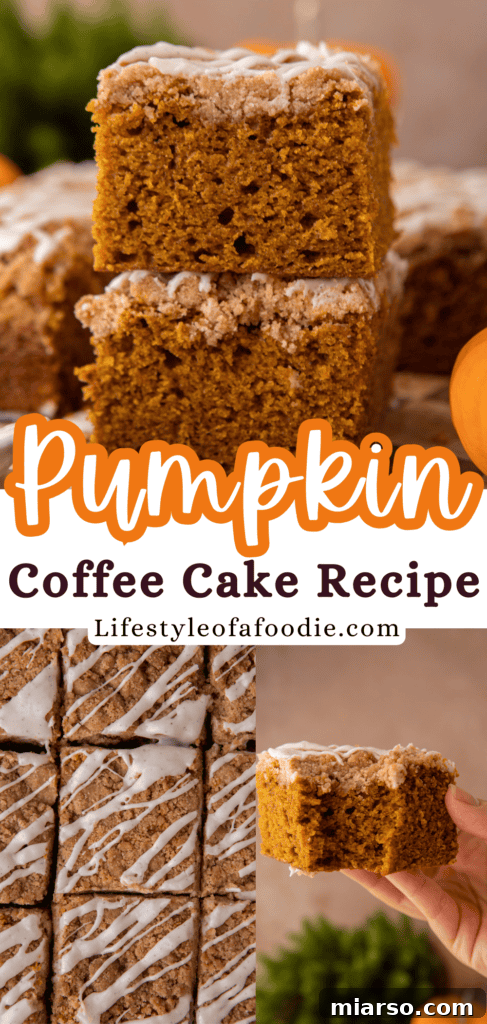 A Pinterest pin featuring a close-up of the delicious streusel topping on the pumpkin coffee cake.