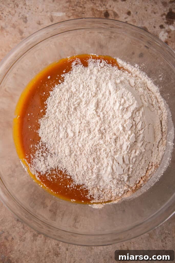 The fully mixed pumpkin coffee cake batter, smooth and ready for the pan.