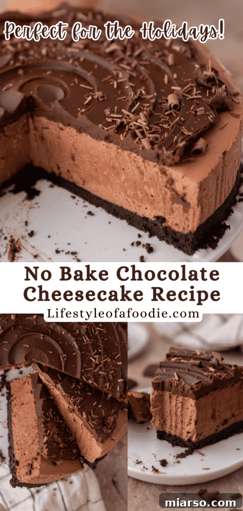 A Pinterest pin image featuring a slice of no-bake chocolate cheesecake on a plate, with text overlay 'No-Bake Chocolate Cheesecake Recipe'.