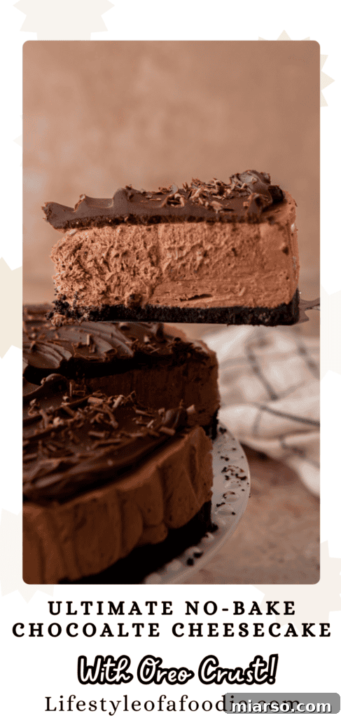 Another Pinterest pin graphic showcasing the whole no-bake chocolate cheesecake, styled for holiday entertaining, with keywords.