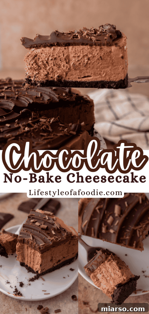 A Pinterest pin image with an overhead view of the no-bake chocolate cheesecake, suggesting it's an easy and delicious dessert.