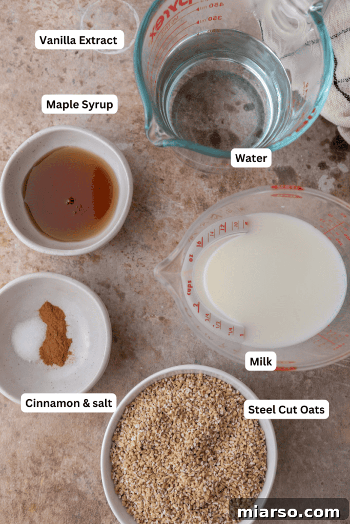 Raw ingredients for Instant Pot steel cut oats laid out including oats, milk, water, cinnamon, and maple syrup.