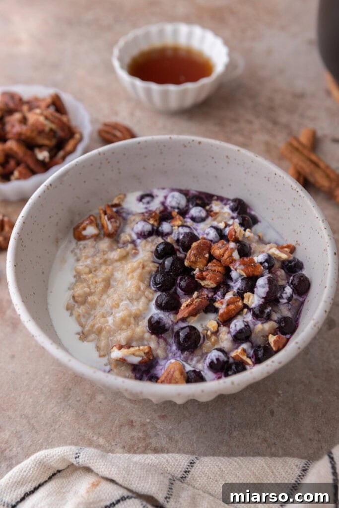 A bowl of freshly cooked Instant Pot steel cut oats, creamy and ready to be topped, showcasing the perfect breakfast texture.