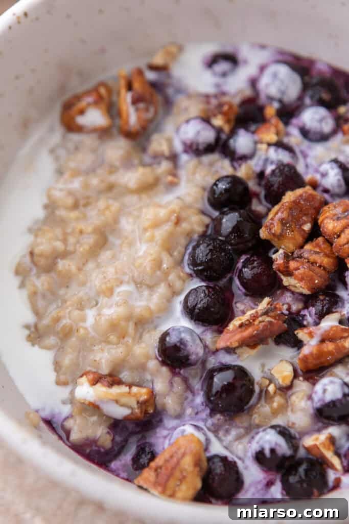 A close-up view of creamy, delicious Instant Pot steel cut oats in a bowl, perfectly cooked and ready to eat.