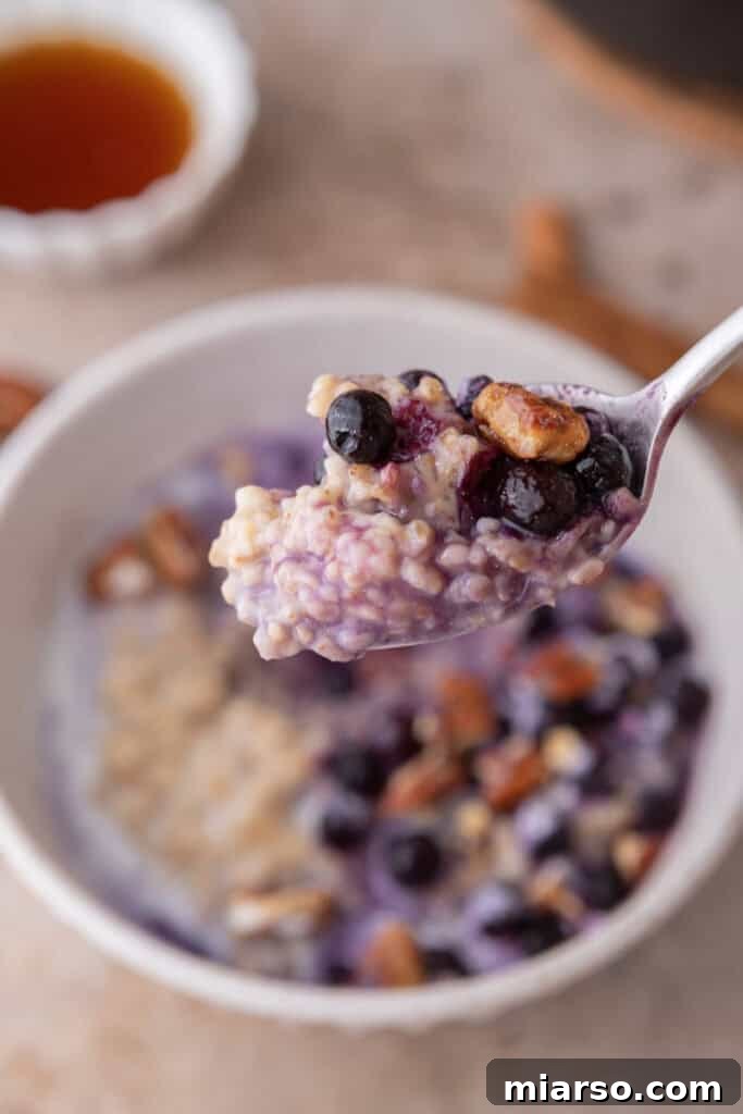 A spoon held up showing creamy Instant Pot steel cut oats, ready to be enjoyed.